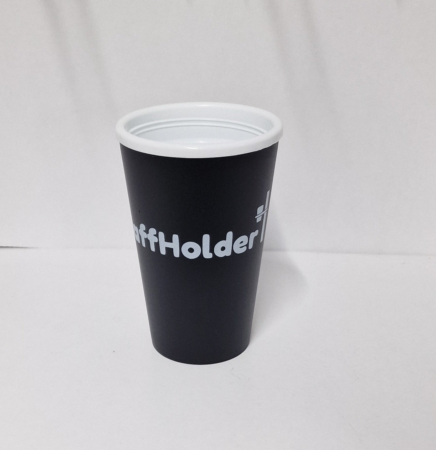 ScaffHolder Branded re-useable cup. Black with screw lid. UK made