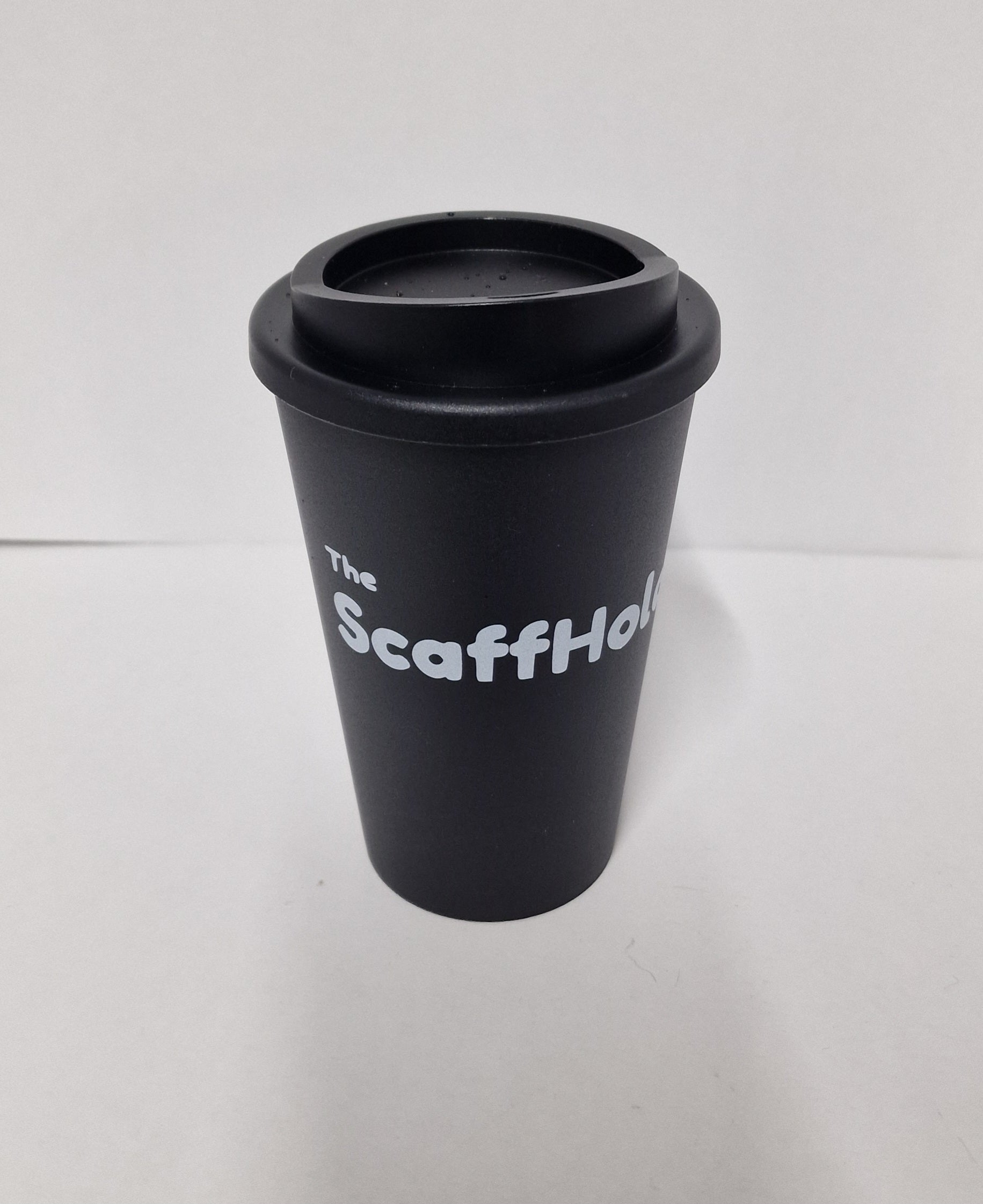 ScaffHolder Branded re-useable cup. Black with screw lid. UK made